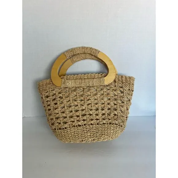 NEW Bohemian Wheat Straw Wood Handle Tan Artisan Handmade‎ Purse Tote Hand Bag - Picture 5 of 8